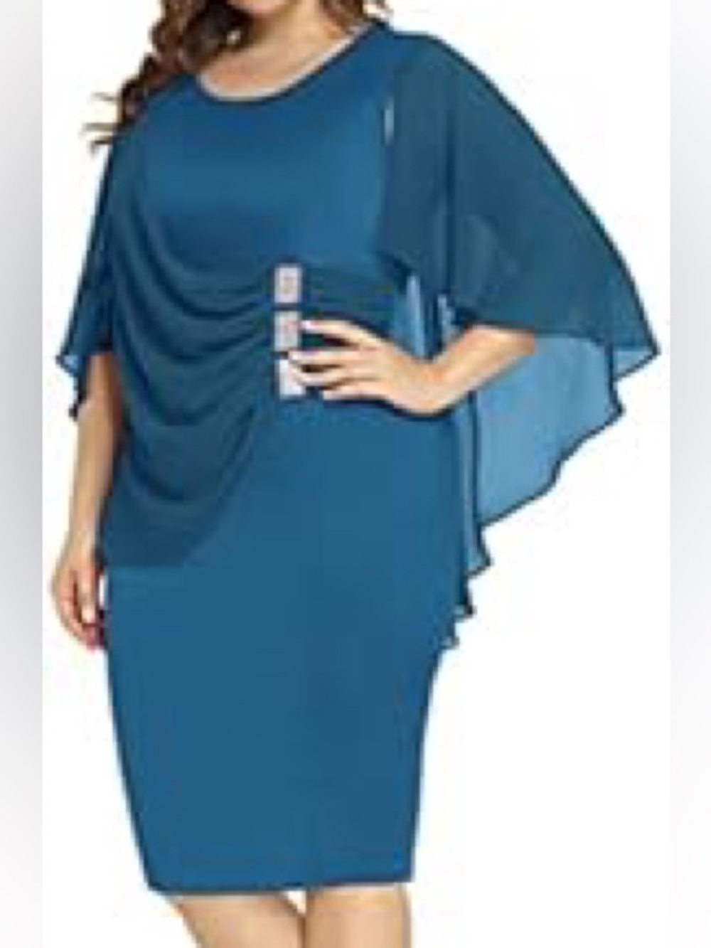 Elegant Teal Midi Dress with Cape Sleeves